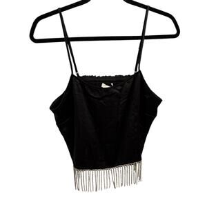 NWT RO&DE Sz M Black Crop Top Rhinestone Fringe Rodeo Maximalist Cowgirl Club